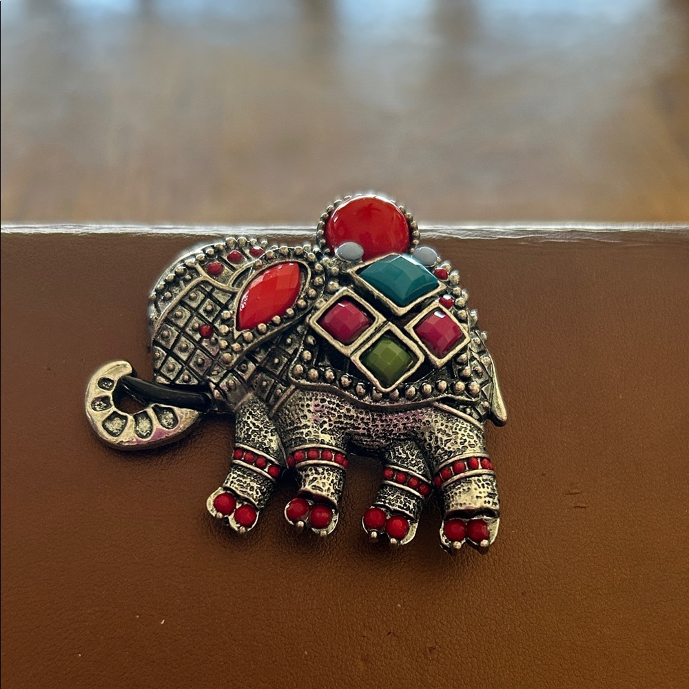 Embellished Elephant Brooch with Red, Turquoise, Pink & Green Accents